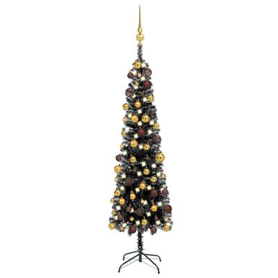 vidaXL Тънка изкуствена осветена коледна елха с топки, черна, 150 см