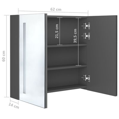 vidaXL LED шкаф с огледало за баня, сив, 62x14x60 см
