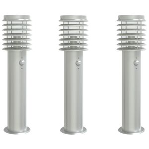 vidaXL Външни подови лампи, със сензори, 3 бр, сребристи, 60 см, инокс