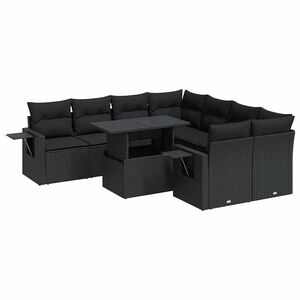 vidaXL Градински комплект диван с възглавници 9 части черен полиратан