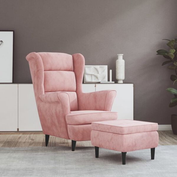 vidaXL Фотьойл Wingback с табуретка, розова, кадифе