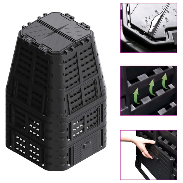 vidaXL Градински компостер, черен, 93,3x93,3x146 см, 1000 л