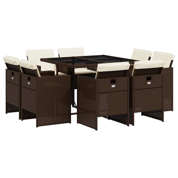 vidaXL Градински трапезен комплект възглавници 9 части кафяв полиратан