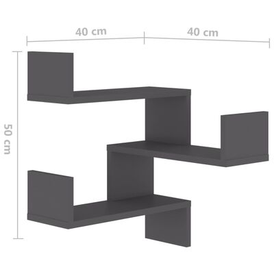 vidaXL Стенни ъглови рафтове, 2 бр, сиви, 40x40x50 см, ПДЧ