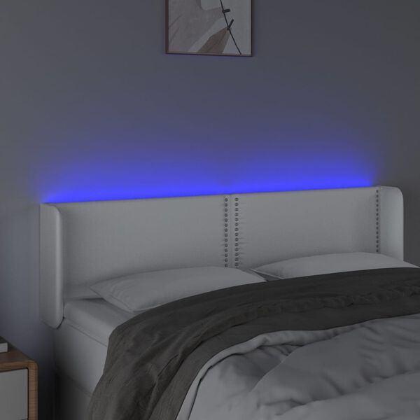 vidaXL LED горна табла за легло, бяла, 147x16x78/88см, изкуствена кожа