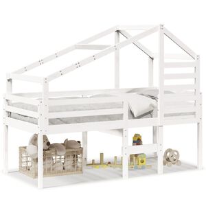 vidaXL Високо легло с покрив, бяло, 80x200 см, борово дърво масив