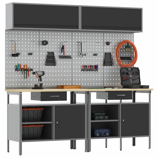 vidaXL Комплект работна маса 8 pcs Черно 200 x 55 x 200 см Стомана