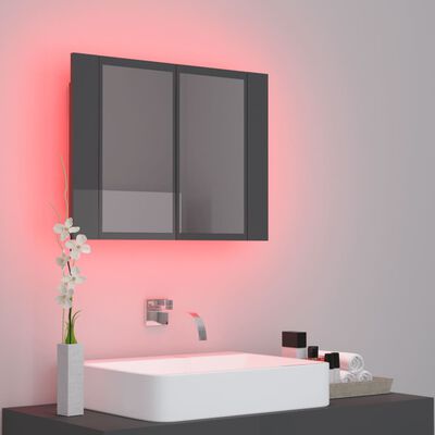 vidaXL Шкаф с LED огледало за баня, сив гланц, 60x12x45 см, акрил