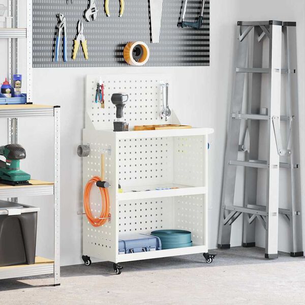 vidaXL Карача за инструменти с рафт с колело Бяло 65 x 35 x 111 см