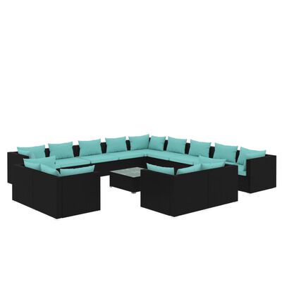 vidaXL Градински комплект с възглавници, 14 части, черен, полиратан