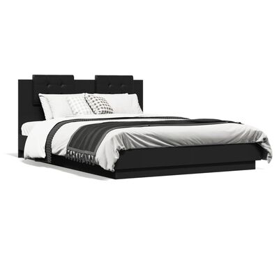 vidaXL Рамка за легло с табла и LED осветление, черна, 150x200 см