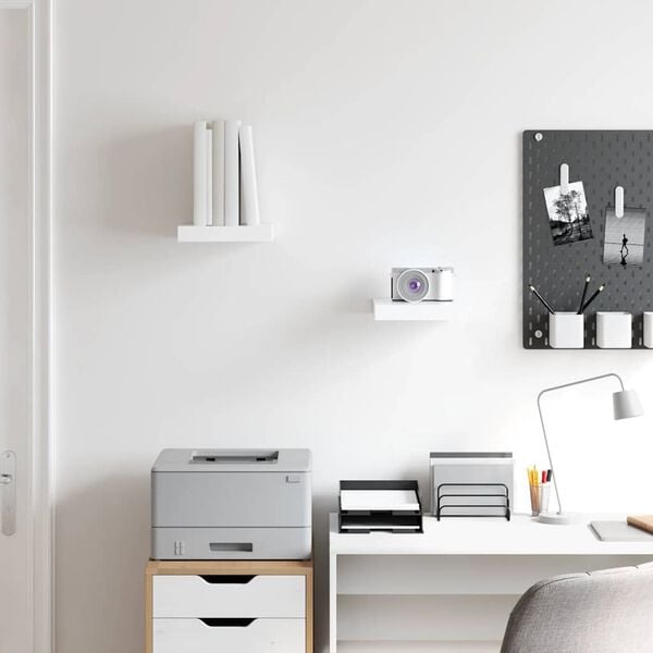 vidaXL Окачени стенни рафтове, 2 бр, бял гланц, 23x23,5x3,8 см, МДФ