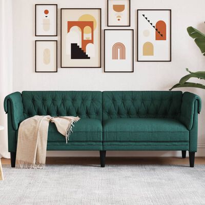 vidaXL Честърфийлд диван, 3-местен, тъмнозелен, текстил