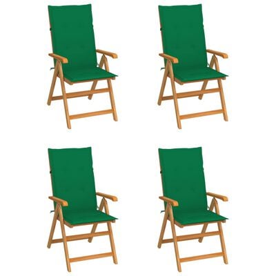 vidaXL Градински столове, 4 бр, зелени възглавници, тиково дърво масив