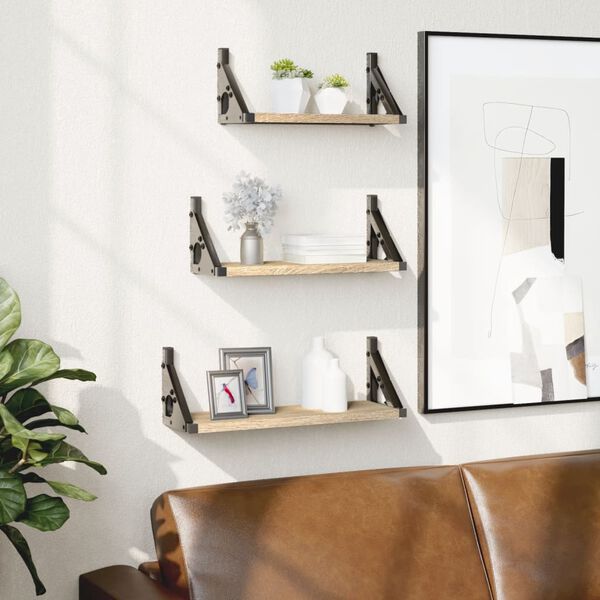 vidaXL Комплект рафтове за стена, 3 бр, сонома дъб, инженерно дърво