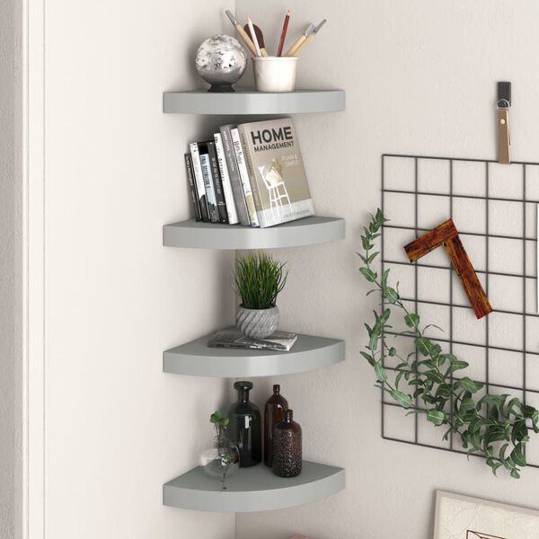 323903 vidaXL Floating Corner Shelves 4 pcs Grey 25x25x3,8 cm MDF