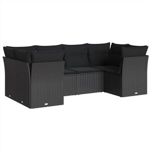 vidaXL Градински диван с възглавници, 6 части, черен, полиратан