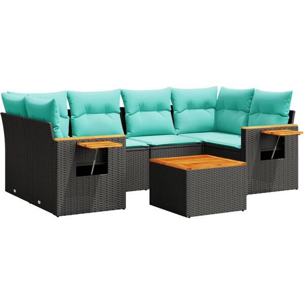 vidaXL Градински комплект диван с възглавници 7 части черен полиратан