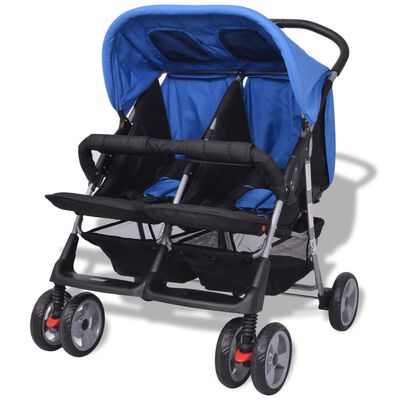 vidaXL Бебешка количка за близнаци, стомана, синьо и черно
