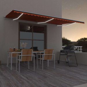 vidaXL Ръчно прибиращ се сенник с LED, 600x300 см, оранжево и кафяво