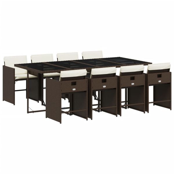 vidaXL Градински трапезен комплект възглавници 9 части кафяв полиратан