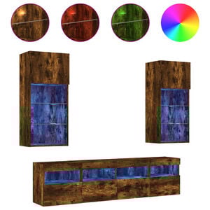 vidaXL ТВ стенни модули с LED, 5 части, опушен дъб, инженерно дърво