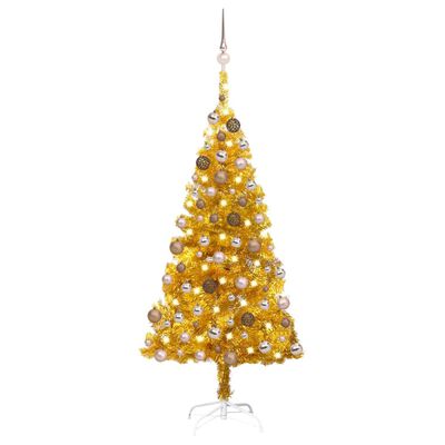 vidaXL Изкуствена осветена коледна елха с топки златиста 150 см PET
