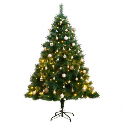 vidaXL Изкуствена коледна елха с шарнири, 150 LED и топки, 150 см