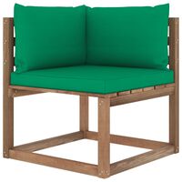 vidaXL Градински палетен ъглов диван със зелени възглавници