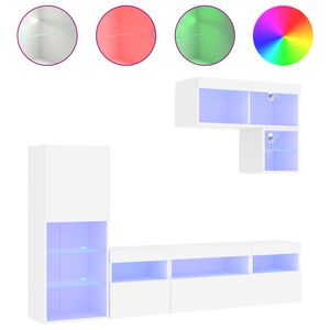 vidaXL ТВ стенни модули с LED, 6 части, бели, инженерно дърво