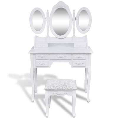 vidaXL Тоалетка с табуретка и 3 огледала, бяла