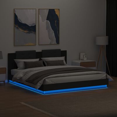 vidaXL Рамка за легло с табла и LED осветление, черна, 160x200 см