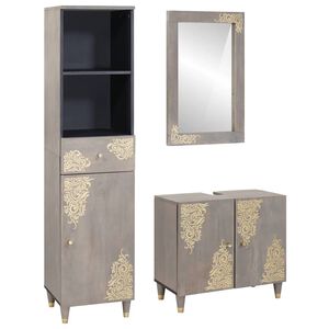vidaXL Комплект шкафове за баня 3 pcs Сив Солидно мангово дърво