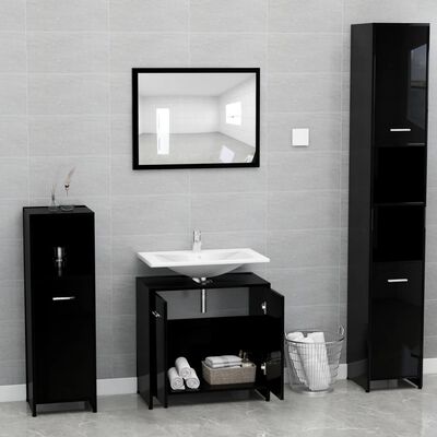 vidaXL Комплект мебели за баня, черен гланц, инженерно дърво