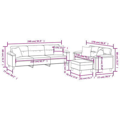 vidaXL Комплект дивани 3 части с възглавници светлосив плат микрофибър