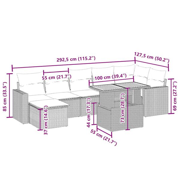 vidaXL Градински диван с възглавници, 8 части, бежов полиратан