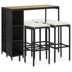 vidaXL Градински бар комплект с възглавници, 5 части, полиратан, черен