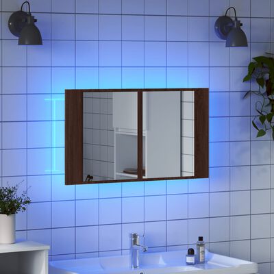 vidaXL Шкаф с LED огледало за баня, кафяв дъб, 80x12x45 см, акрил