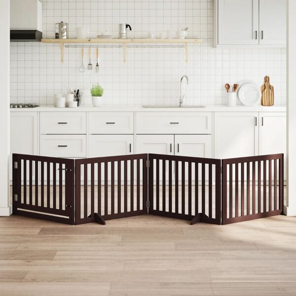 vidaXL Сгъваема преграда за куче с врата 4 панела кафява 320 см топола