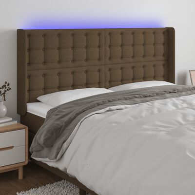 vidaXL LED горна табла за легло, тъмнокафява,203x16x118/128 см, плат