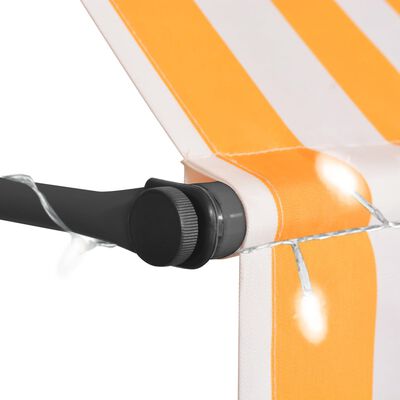 vidaXL Ръчно прибиращ се сенник с LED, 150 см, бяло и оранжево