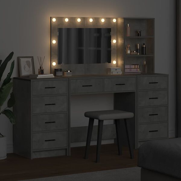 vidaXL Тоалетка с чекмедже с рафт 3 pcs Циментено сиво Инженерно дърво