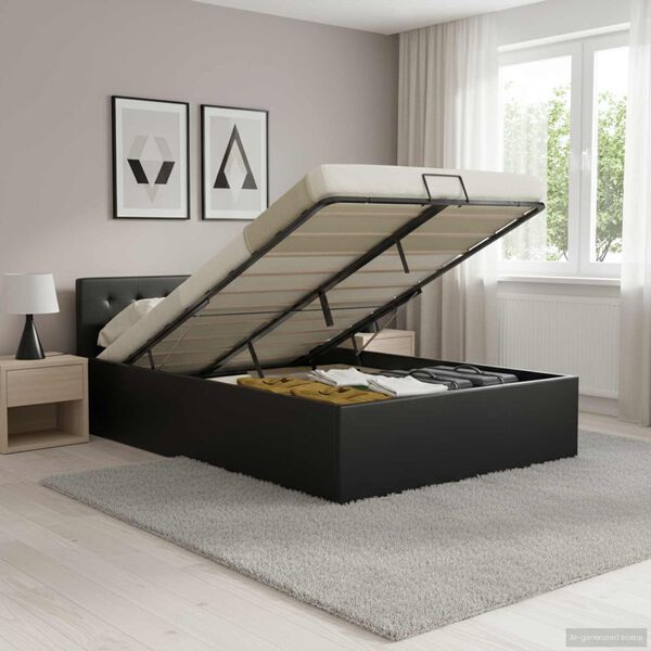 vidaXL Легло с повдигащ механизъм, черно, изкуствена кожа, 140x200 cм