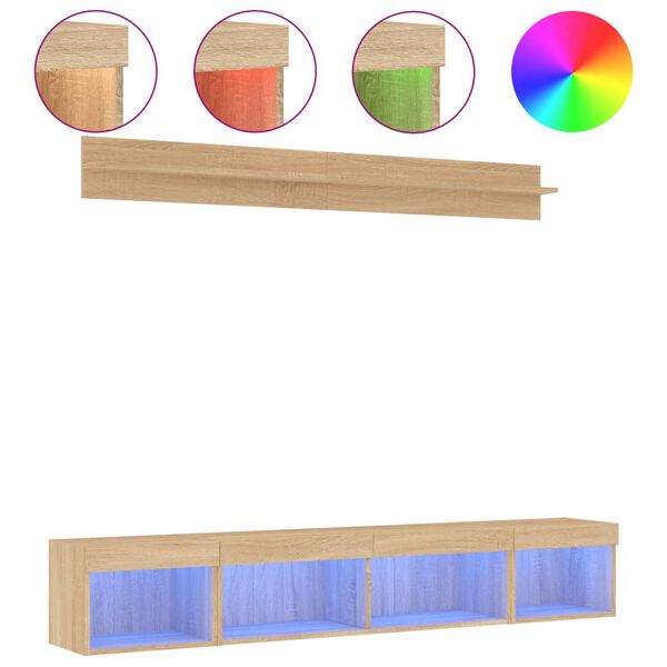 vidaXL ТВ стенни модули с LED, 5 части, сонома дъб, инженерно дърво