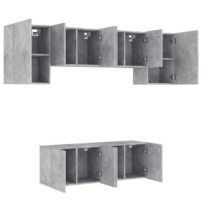 vidaXL ТВ стенни модули, 6 части, бетонно сиви, инженерно дърво