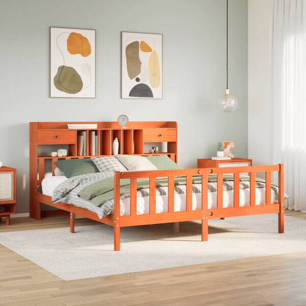 vidaXL Легло с етажерка за книги, без матрак, 200x200 см, бор масив