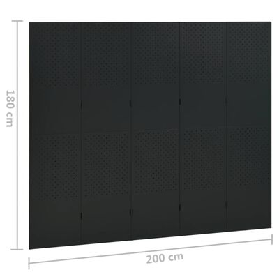 vidaXL Параван за стая, 5 панела, черен, 200x180 см, стомана