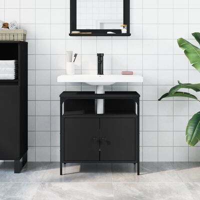vidaXL Шкаф за мивка за баня, черен, 60x30x60 см, инженерно дърво