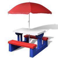 vidaXL Детска пикник маса с пейки и чадър, многоцветна