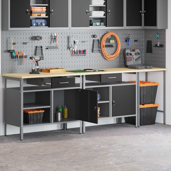 vidaXL Комплект работна маса с чекмедже с рафт 3 pcs Червен и сив